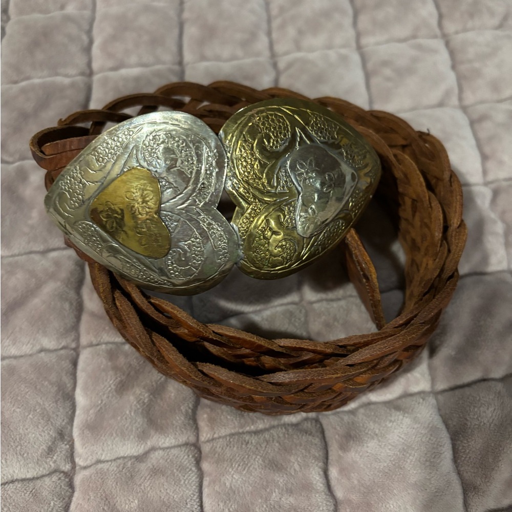 Moroso Braided Brown Leather Belt with Silver and Gold Heart Buckle